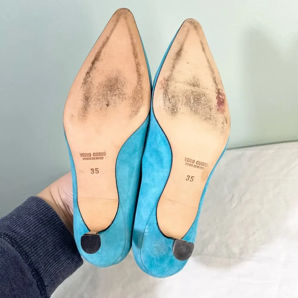 Pancaldi for Diane B Teal Blue Classic Pointed Suede Kitten Pump Heel Size 35 - Picture 3 of 8
